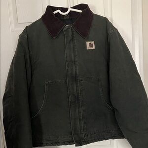 Vintage Carhartt Dark Green Canvas Jacket with Brown Corduroy Collar